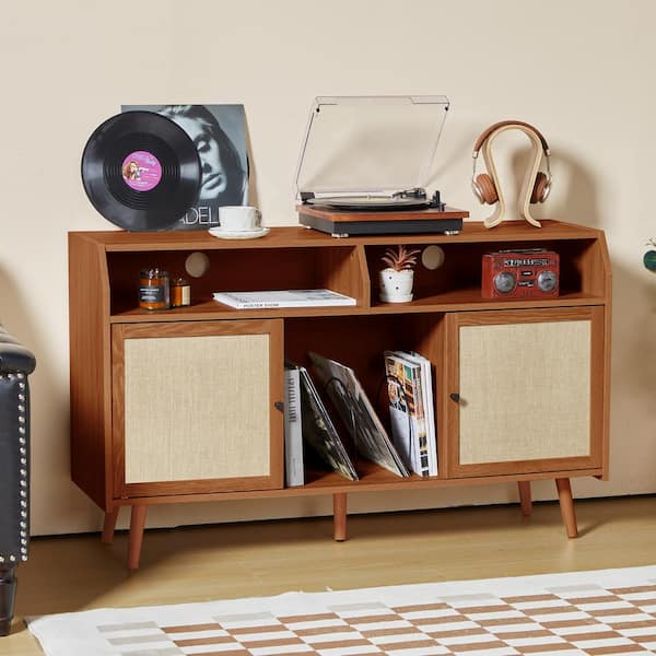 ATHMILE Walnut Large Vinyl Record Player Storage Cabinet With Slide Door(48.42 in. D x 15.74 in. W x 29.52 in. H )