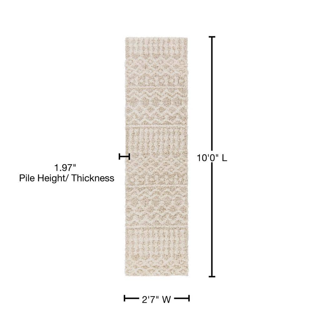 Beige Plush Shag Runner Rug with Synthetic Fibers, 2'7" x 10'