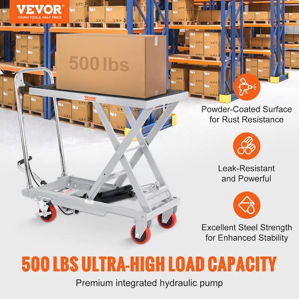 Hydraulic Lift Table Cart 500 lbs. Capacity Manual Single Scissor Lift Table with 4 Wheel 28.5 in. Lifting Height, Gray