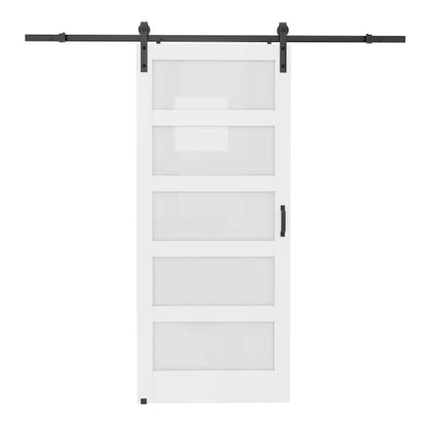 ARK DESIGN 36 in. x 84 in. 5 Lite Tempered Frosted Glass White Primed MDF Wodd Sliding Barn Door with Hardware Kit and Soft Close