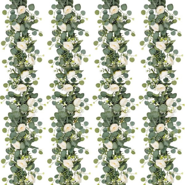 Unbranded 6 ft. White Artificial Rose Fake Flower Garland for Wedding Home Party Table Runner Decor (4-Pieces)