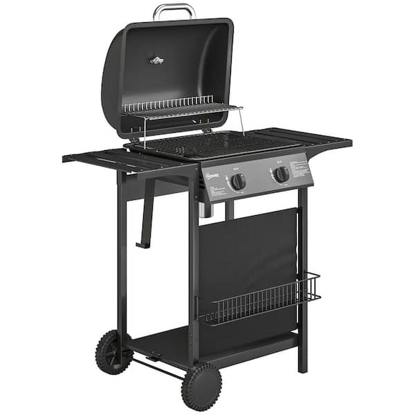 2-Burner Portable Propane Gas Grill in Black with Thermometer, Side Tables, Warming Rack