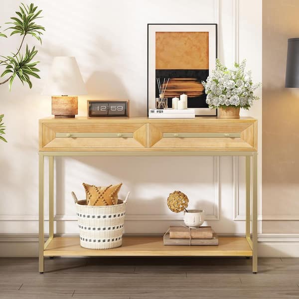 45.5 in. Natural Rectangle MDF Console Table with 2 Drawers