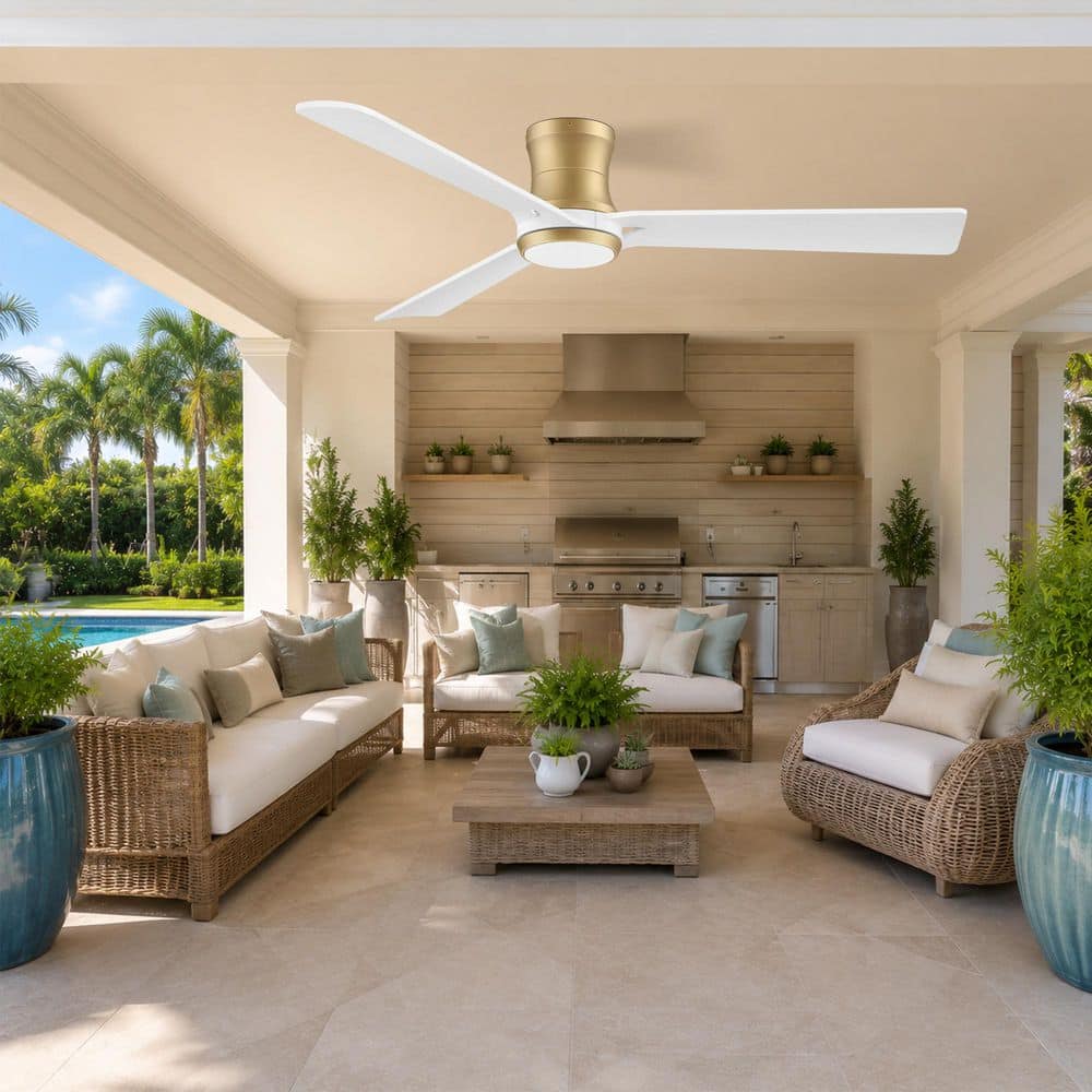 52 in.Smart Wood Outdoor Indoor Gold Flush Mount Ceiling Fans with Lights Remote,WIFI Alexa App workable,Quiet DC Motor