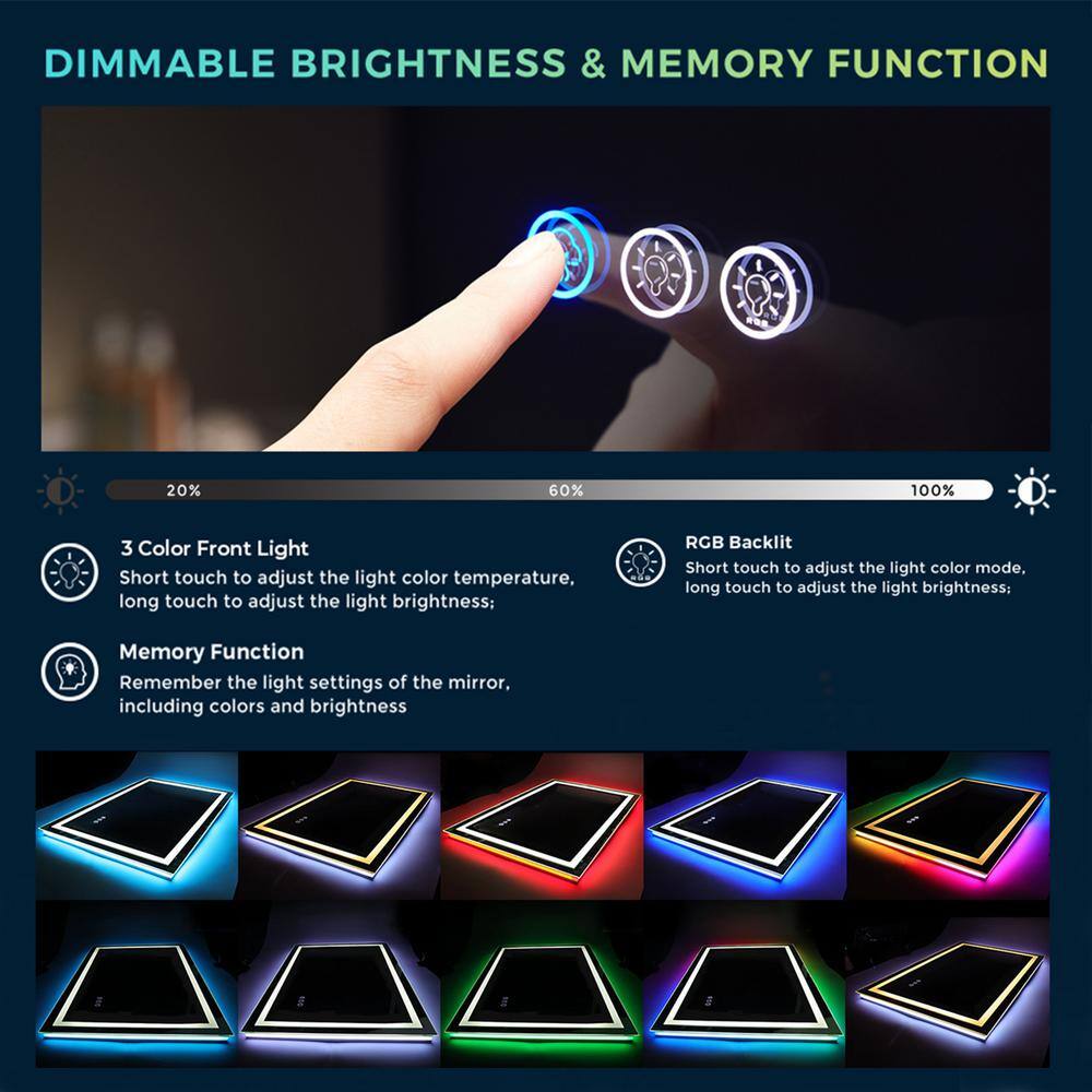 32x24 Frameless RGB Backlit Anti-Fog LED Bathroom Vanity Mirror