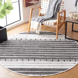 Striped Kilim Black Ivory 6 ft. x 6 ft. Abstract Striped Round Area Rug