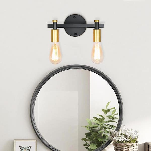 LWYTJO 11 in. 2-Light Industrial Black/Gold Vanity Light with Clear Glass Shade