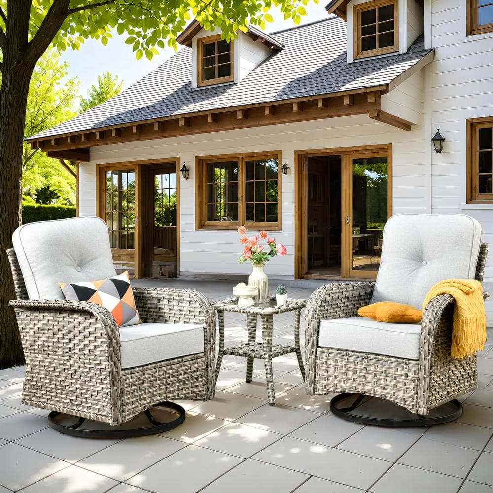 weaxty W Gerbera 3-Piece Gray Wicker Outdoor Rocking Chairs with