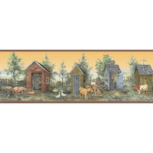 Falkirk Dandy Brown, Beige Outhouses, Farm Animals Country Peel and Stick Wallpaper Border