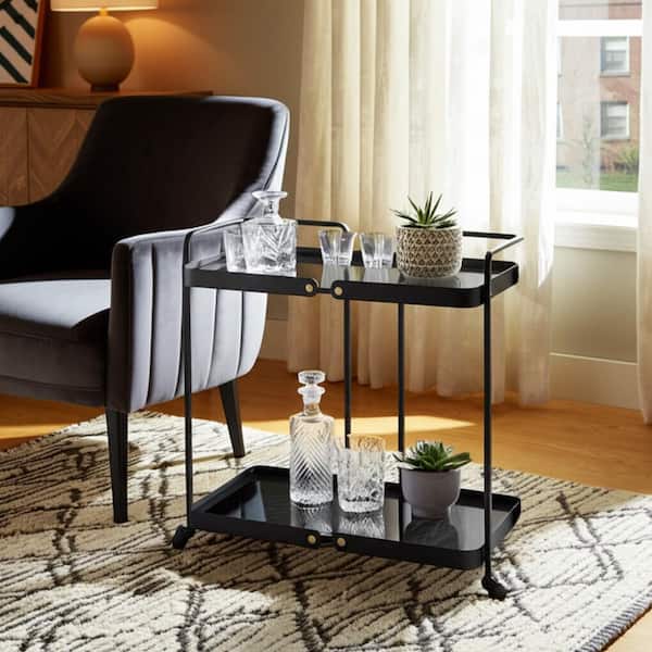 Black 27 in. x 27 in. Metal 2-Layered Bar Cart with Smokey Glass