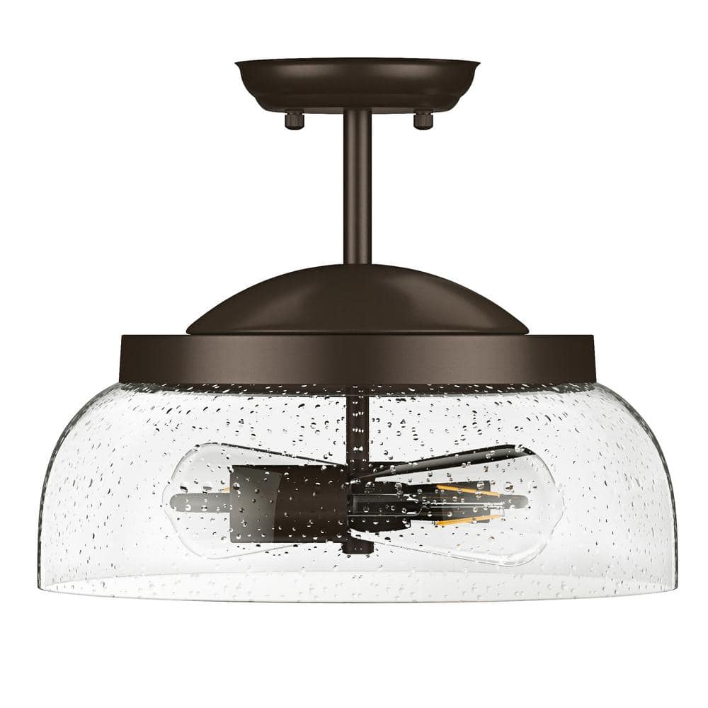2-Light Industrial Oil Rubbed Bronze Semi Flush Mount with Seeded Glass Sha