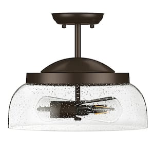 2-Light Industrial Oil Rubbed Bronze Semi Flush Mount with Seeded Glass Shade Ceiling Light Fixture