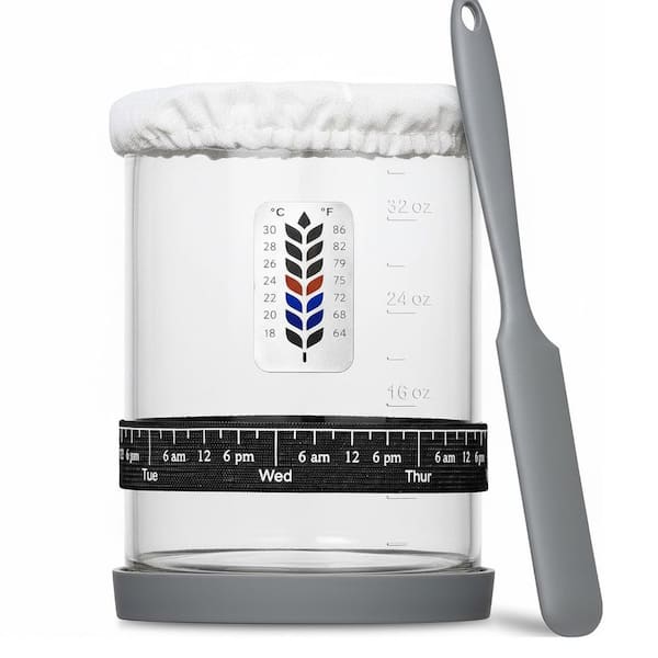 40oz Sourdough Starter Jar Kit with Thermometer, Scraper & Dual Lids - Wide Mouth Glass Container for Baking