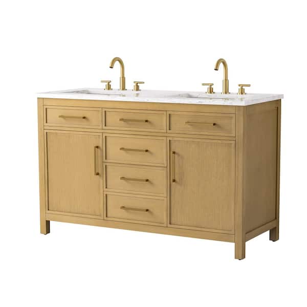 Logan 54 in. W Bath Vanity in Sand with Engineered Stone Top in Carrara White with White Sinks