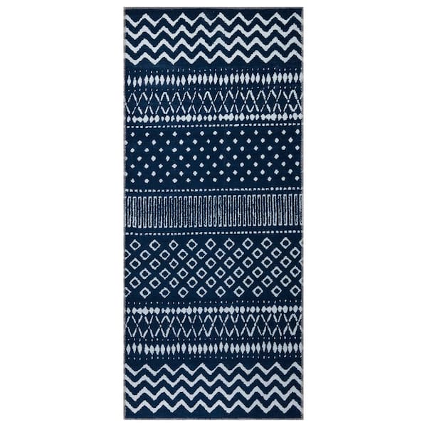Ottomanson Non Shedding Washable Wrinkle-free Flatweave Moroccan 3x6 Indoor Living Room Runner Rug, 2 ft. 7 in. x 6 ft., Navy