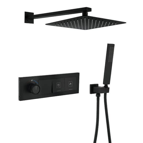 Single Handle 1-Spray 12 in. Thermostatic Shower Faucet 1.8 GPM with Anti Scald Shower System with Valve in. Matte Black