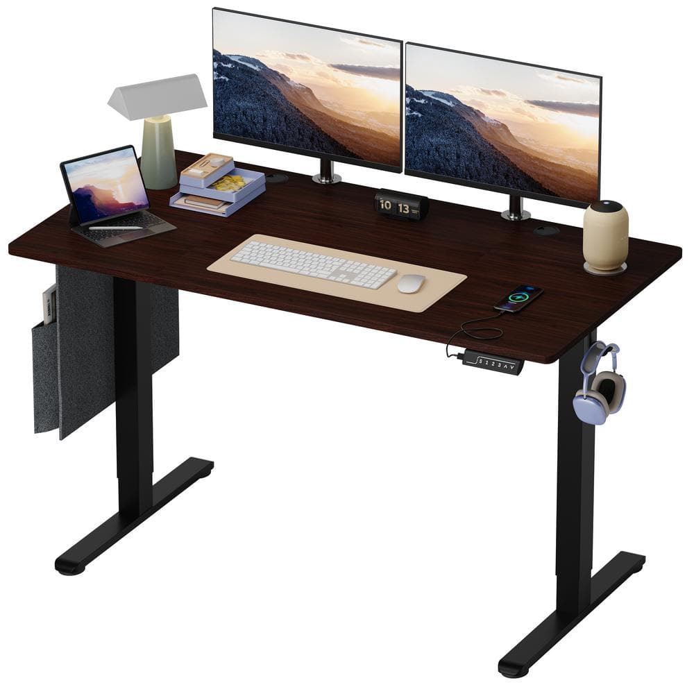 Bestier 55.12 in. Rectangular Dark Walnut Wood Sit to Stand Desk with 3
