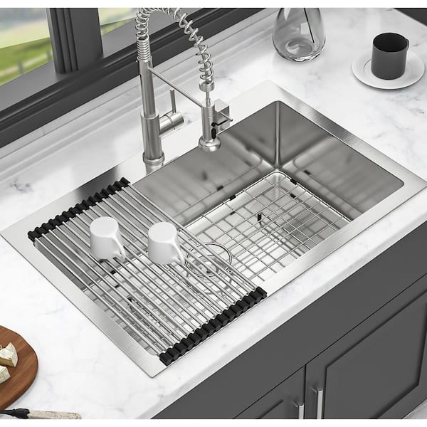 30 in. Drop-in Single Bowl 16 Gauge Brushed Nickel Stainless Steel Kitchen Sink with Bottom Grids