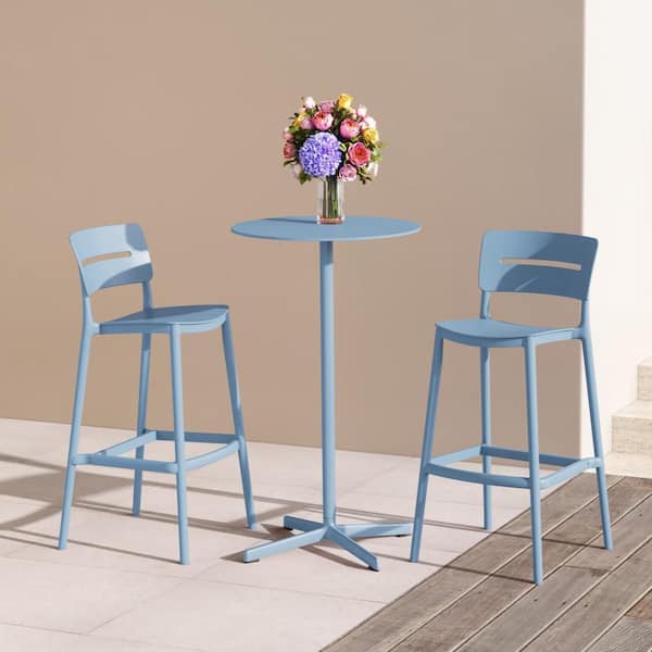 Frond and Form Modern Outdoor Patio Poly Plastic Stackable 29.5 in. Bar Stool (Set of 2), French Blue