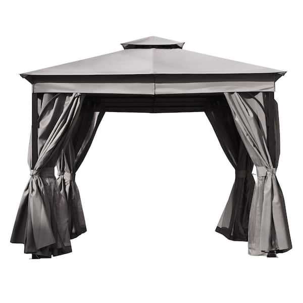 10 ft. x 12 ft. Gray Outdoor Gazebo Tent with Double Roofsand Mosquito Netting Privacy Screens for Backyard