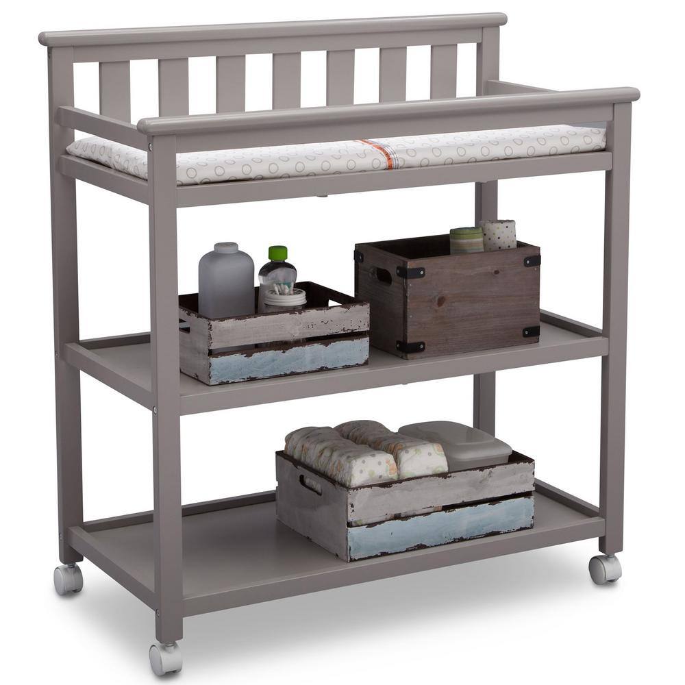Gray Wood Changing Table with Wheels and Safety Strap