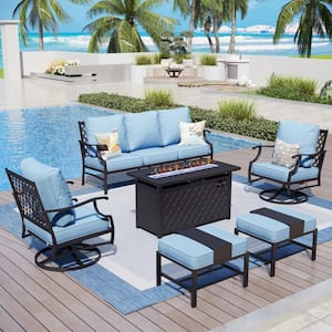 Black Meshed 7 Seat 6-Piece Metal Steel Outdoor Fire Pit Patio Set with Blue Cushions, Black Rectangular Fire Pit Table