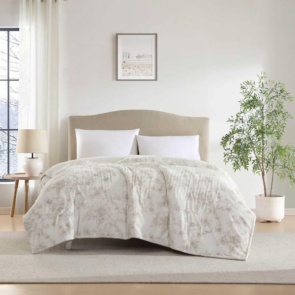 Wistful Blooms 1-Piece Beige Plush Fleece Queen Electric Blanket