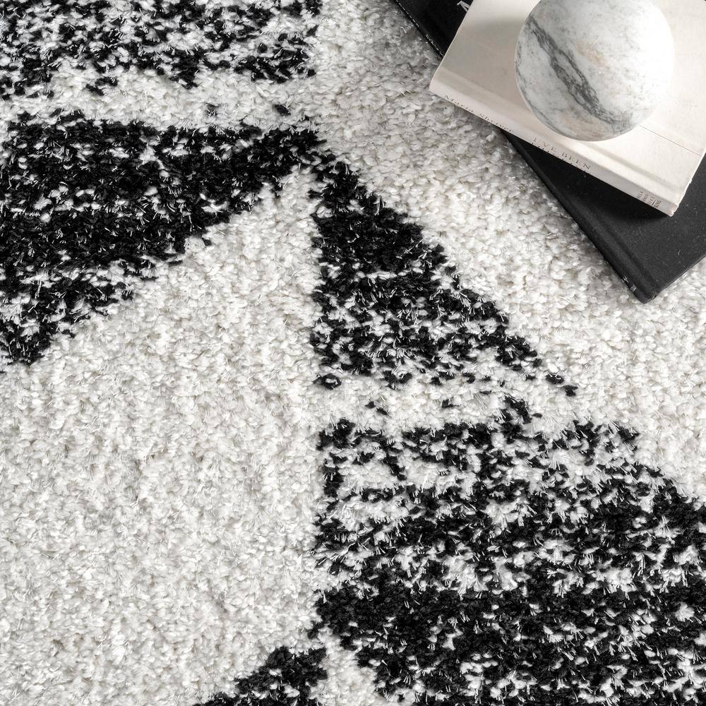 Elysian Herringbone 9' x 12' Black and White Shag Area Rug