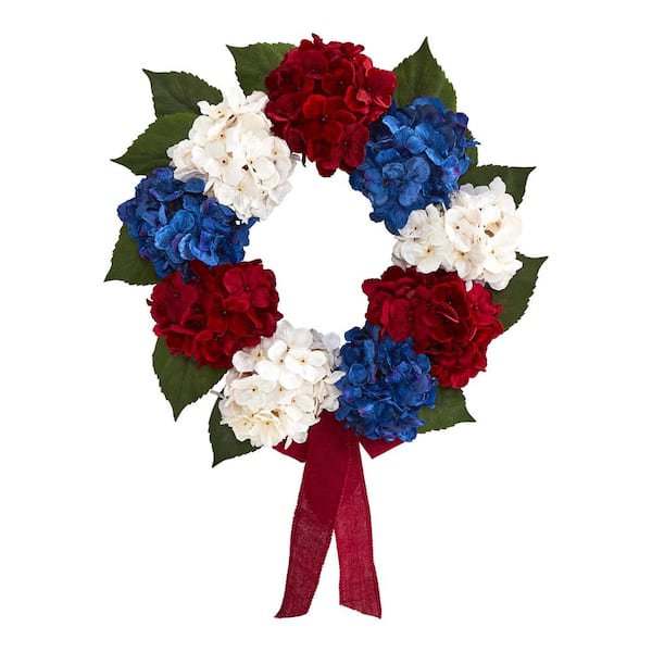 Nearly Natural 24 in. Red, White and Blue Americana Hydrangea Artificial Wreath