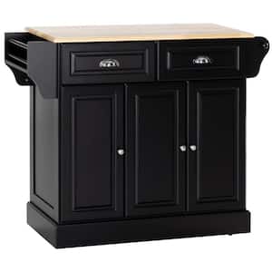 Black Rubberwood 43.25 in. Kitchen Island with Storage and Rolling Kitchen Serving Cart
