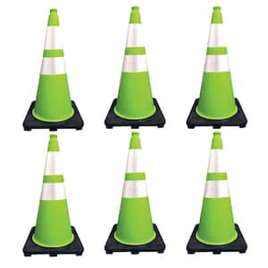 28 in. Lime Green Traffic Cone with Black Base and 4 in. and 6 in. Reflective Collars 7 lbs. (6-Pack)