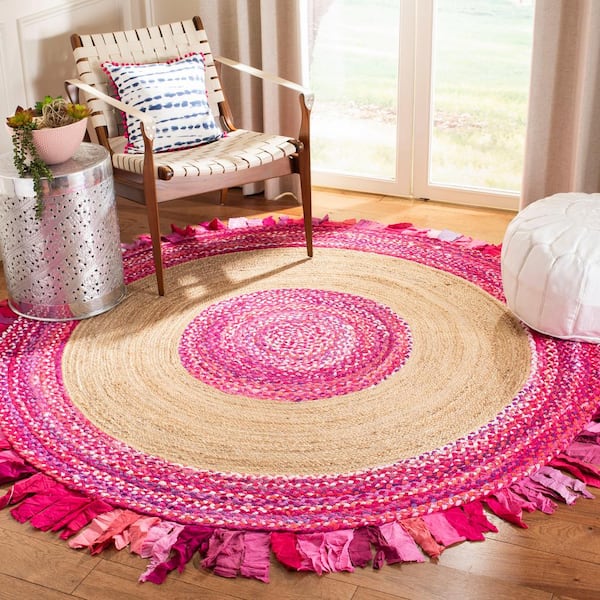 Cape Cod Pink/Natural 4 ft. x 4 ft. Round Striped Area Rug