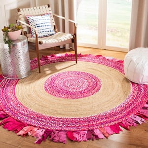 Cape Cod Pink/Natural 5 ft. x 5 ft. Round Striped Area Rug