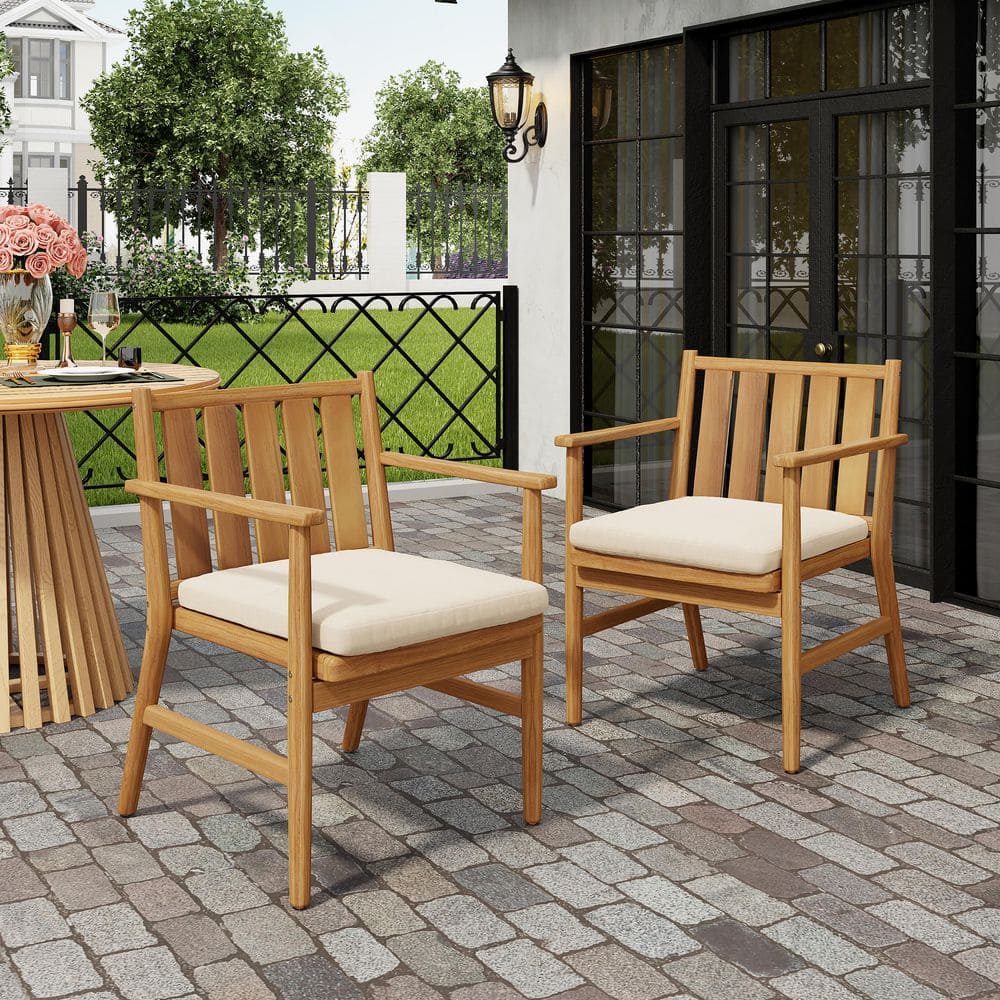 Gaskell Patio Teak Finish Solid Wood Outdoor Dining Chairs with Beige Cushions, Modern Slatted Design, Set of 2 price history on PriceWatchPro