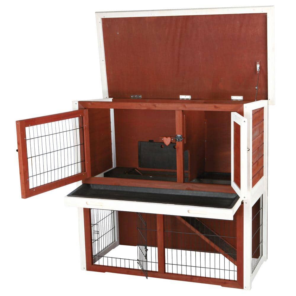 Medium Auburn and White 2-Story Wooden Rabbit Hutch with Slanted Roof