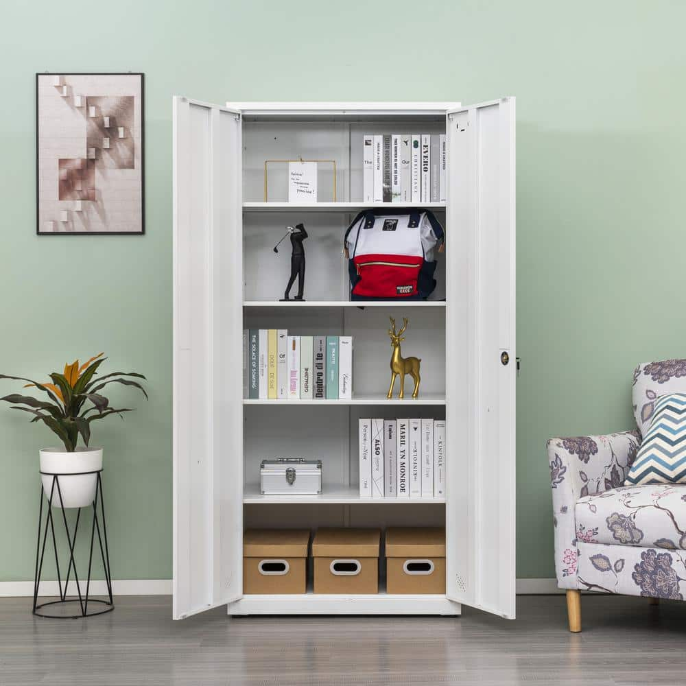 White Metal Storage Cabinet with 2-Doors and 4 Shelves, Lockable Tall ...