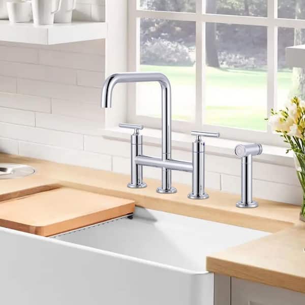 Double Handle 4-Hole High Arc Widespread Brass Bridge Kitchen Faucet with Pull Out Side Spray in Polished Chrome