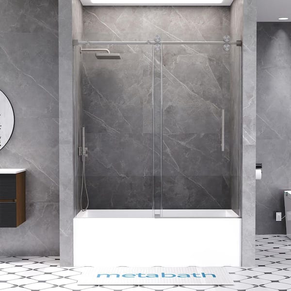 Feelive 56 to 60 in. W x 66 in. H Single Sliding Frameless Tub Door in Brushed Nickel with 5/16 in. Tempered Clear Glass