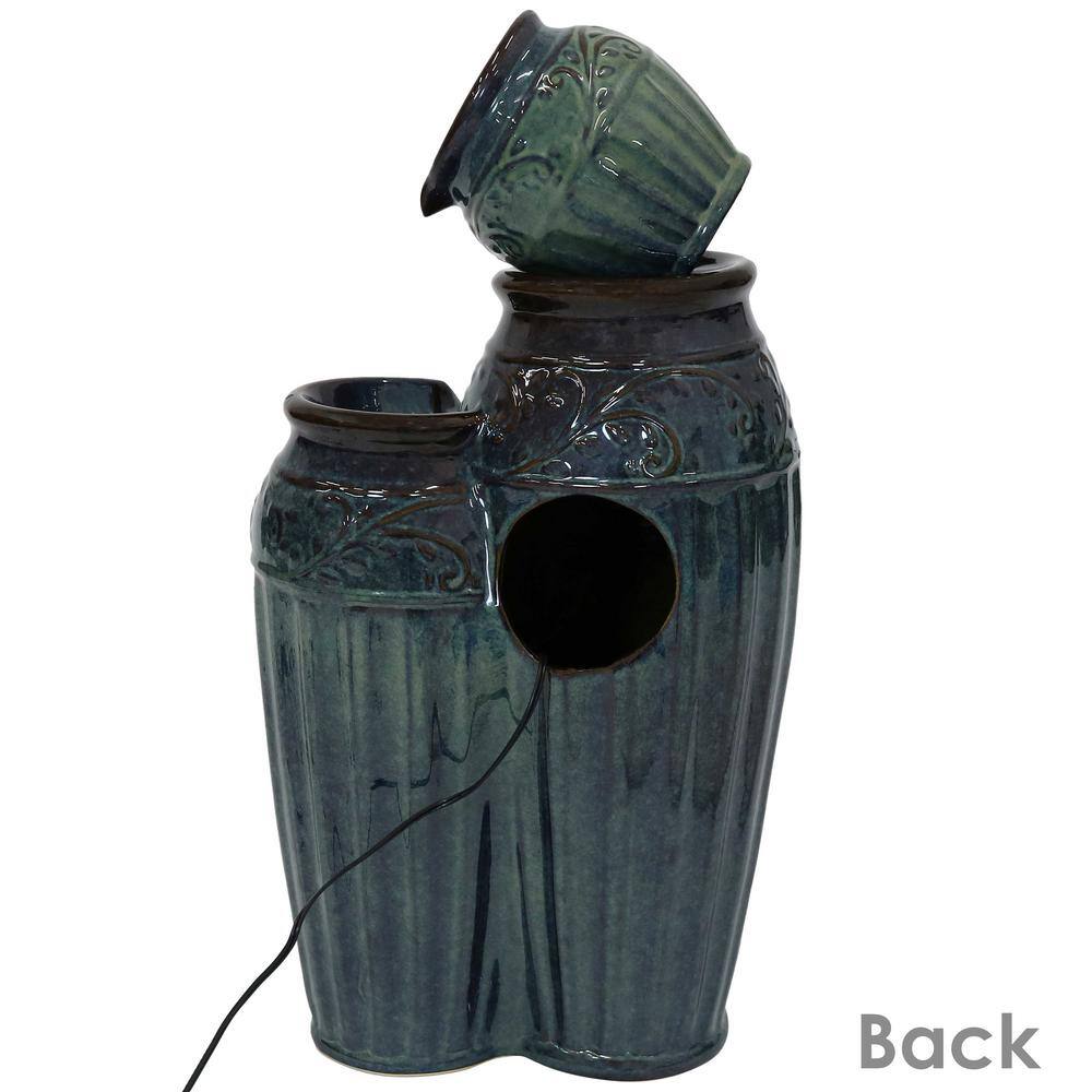 Dark Cyan Ceramic Vase Outdoor Water Fountain with LED Lights