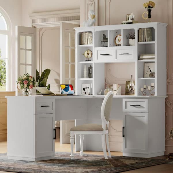 Modern 65 in. L-Shaped White Wood 2-Drawer Computer Desk with Storage and Charging Station