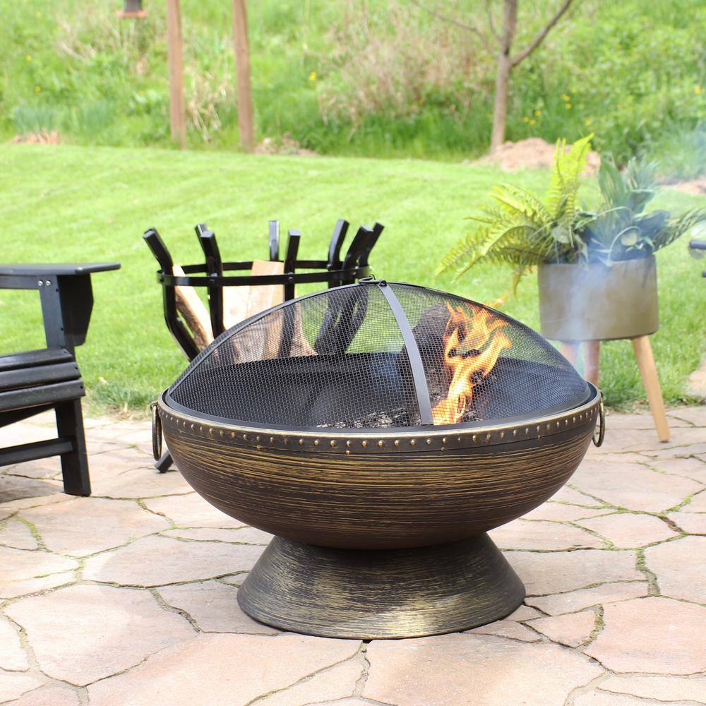 30" Black and Bronze Steel Wood-Burning Fire Pit with Screen and Poker