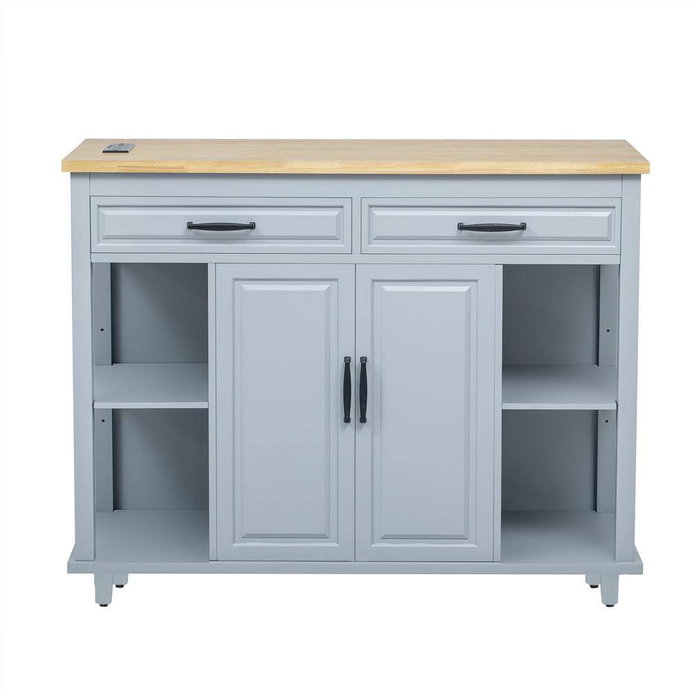 47 in. Gray Blue Rubber Wood Veneer Kitchen Cart with Extendable Table, Int