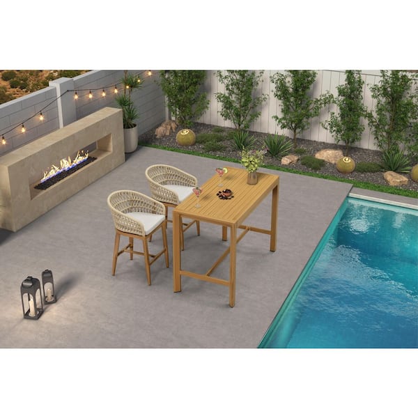 PURPLE LEAF Modern Aluminum Counter Height Top Table and Rattan Outdoor Bar Stool Set with Beige Cushion (3-Pack)