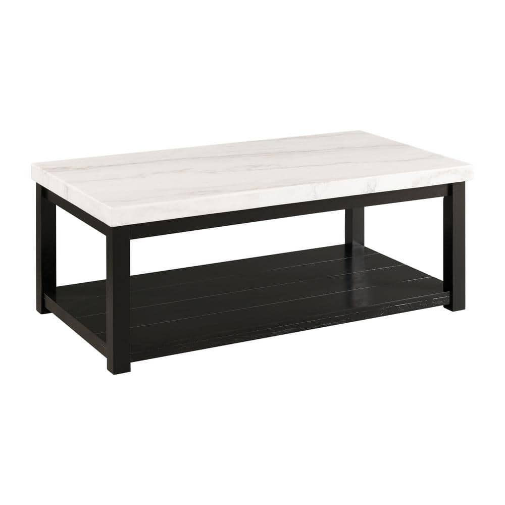 Transitional White Marble & Black Wood Rectangular Coffee Table