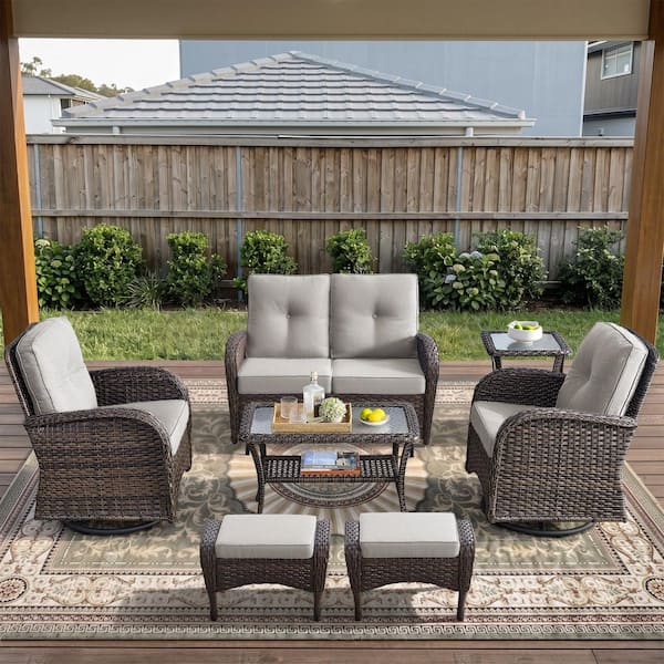 Brown 7-Piece Wicker Patio Conversation Set with Swivel Rockers, Outdoor Glider Seating Set with Beige Cushions