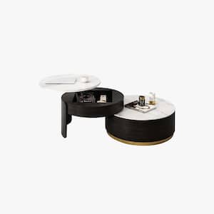 31.5 in. Black Round Modern Nesting Coffee Table Set Of 2, White Sintered Stone Coffee Table Set, Fully-assembled