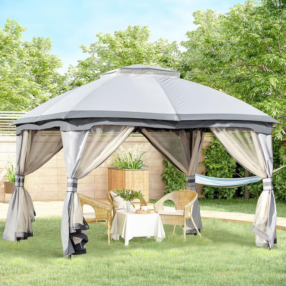 12 ft x 10 ft Gray Metal Octagon Outdoor Gazebo with Mesh Sidewalls