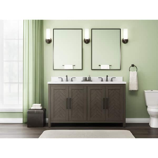 Home Decorators Collection Leary 60 in. W x 20 in. D x 35 in. H Double Sink Freestanding Bath Vanity in Brown with white Engineered Stone Top