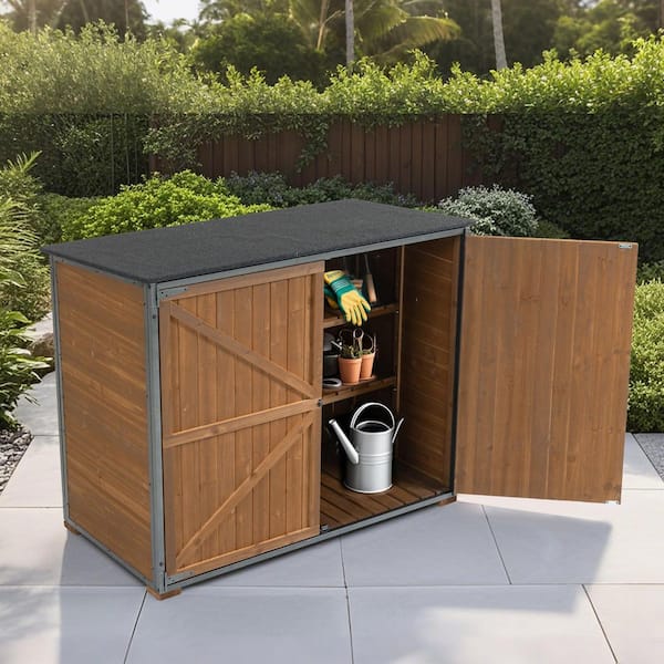 50 in. W x 27 in. D x 41 in. H Brown Wood Outdoor Storage Cabinet with Metal Frame Structure