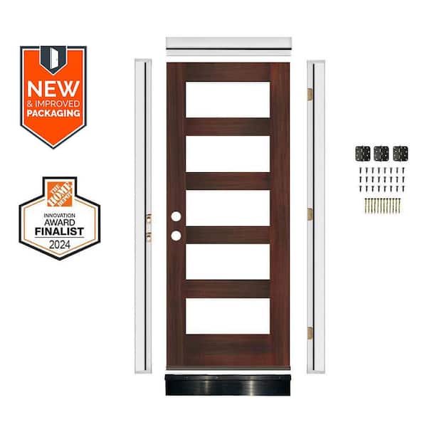 DIY 36 in. x 80 in.Hemlock RightHand 5-Lite Clear Glass Red Mahogany Stain Wood Front Door Kit w/ Quick Assemble Jamb